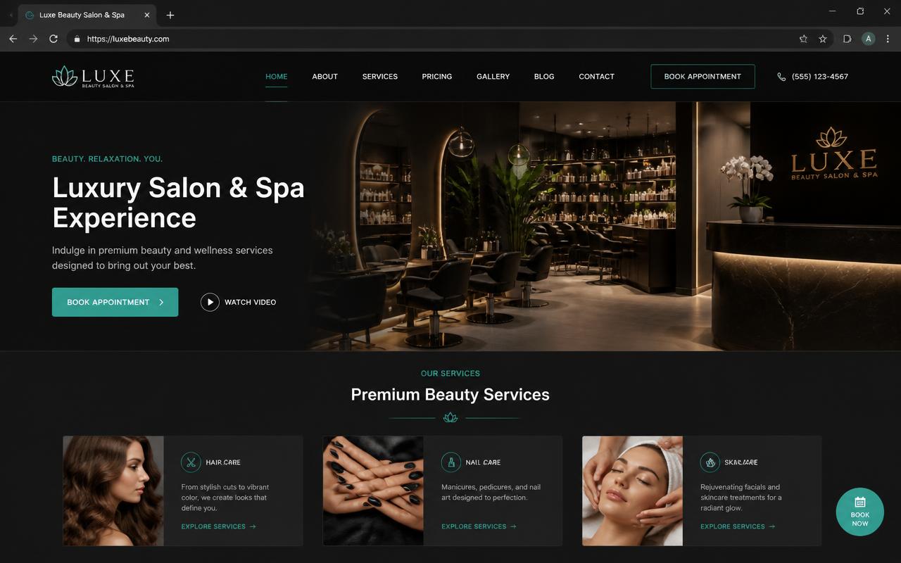 Template de site para salão de beleza e spa em mockup de navegador